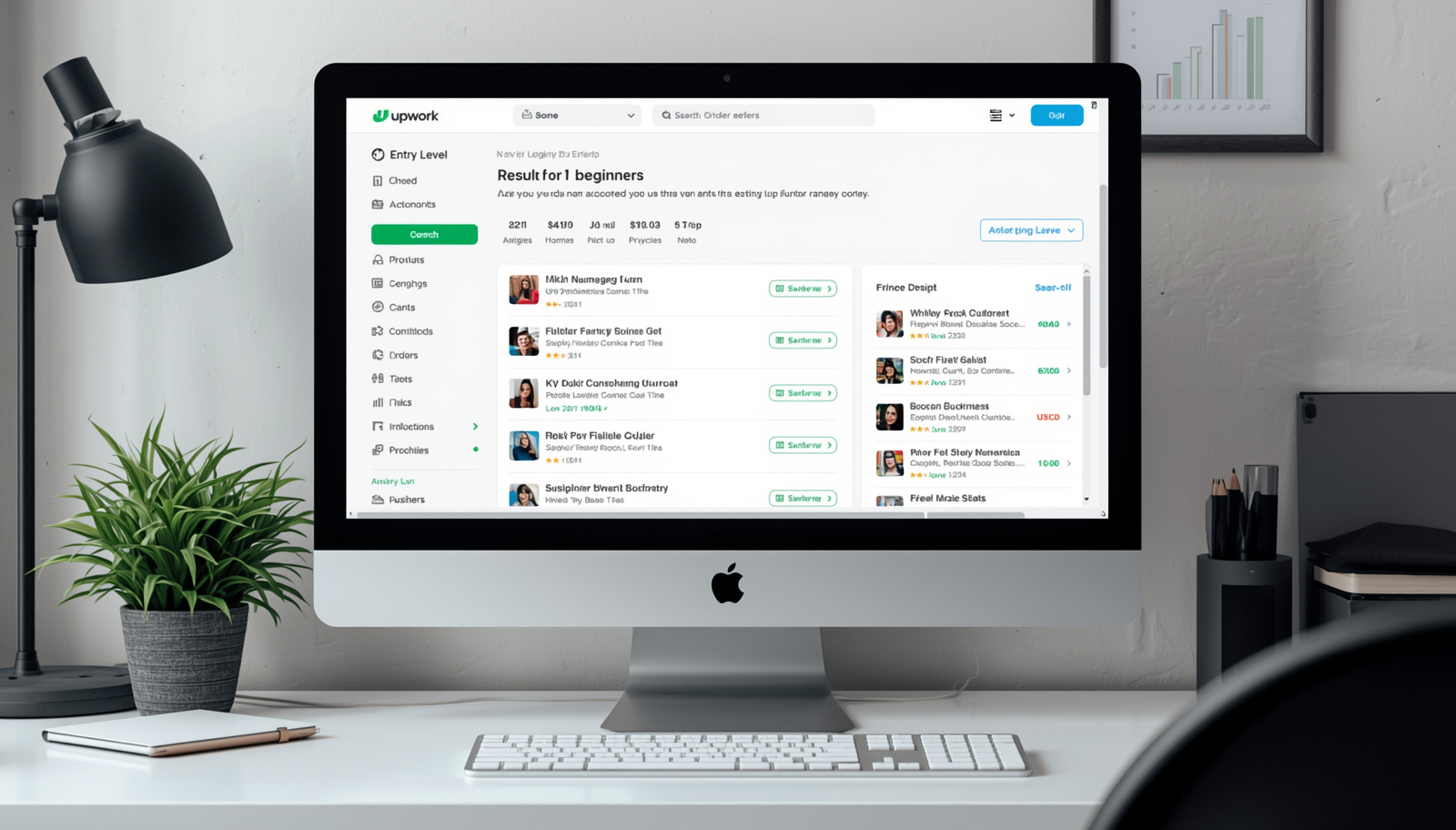 Computer screen showing Entry Level filter on Upwork website – finding beginner jobs