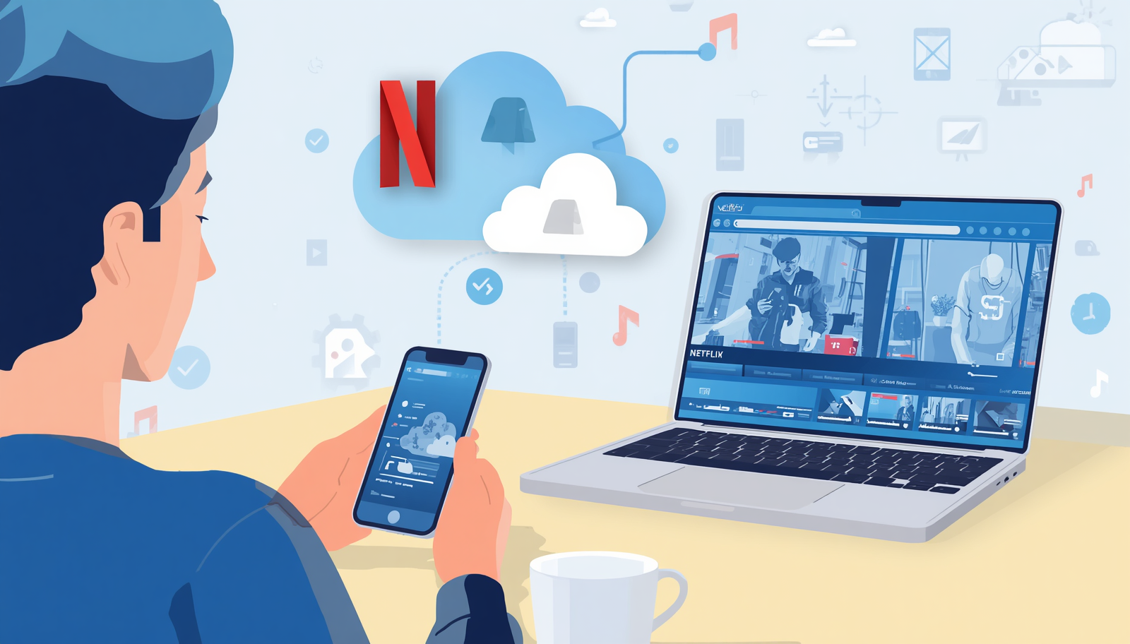 Daily life - person using smartphone, laptop, watching Netflix - cloud behind all devices