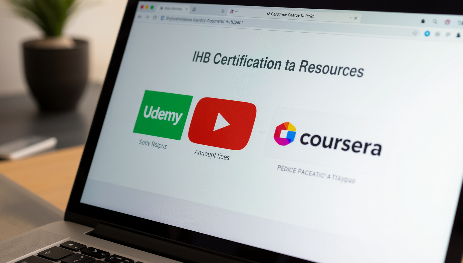Laptop with certification preparation resources - Udemy, YouTube, Coursera